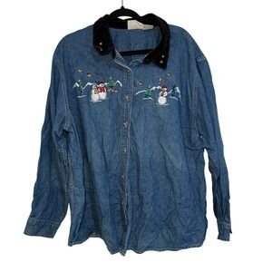 Basic Editions Holiday Denim Shirt Women 26W Snowman Embroidered Y2K Kitschy